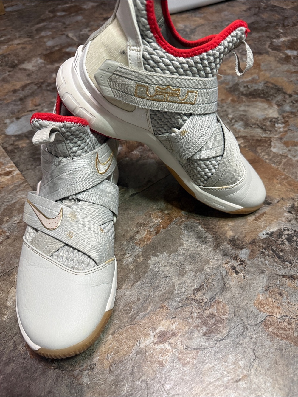 Nike White & Red LeBron Cross-Strap Basketball Sneakers